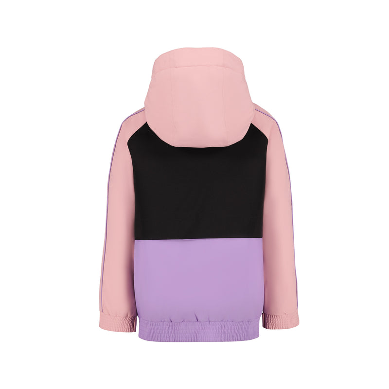 The Roxy Girls' Perfect Powder Jacket features a color-blocked design with pink sleeves and hood, black upper back panel, purple lower section, elastic cuffs and waistband, plus WarmFlight insulation for cozy comfort.