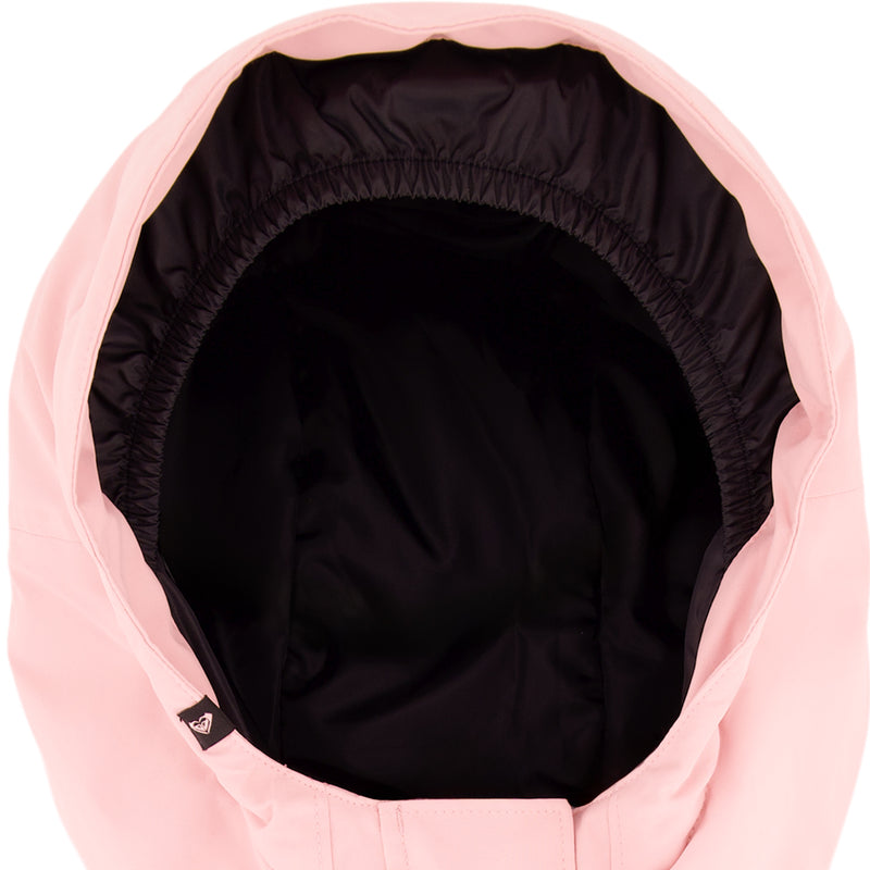 A close-up of the inside hood of the Girls' Perfect Powder Jacket by Roxy, featuring a pink exterior, black lining, elastic edge, and WarmFlight insulation for added comfort.