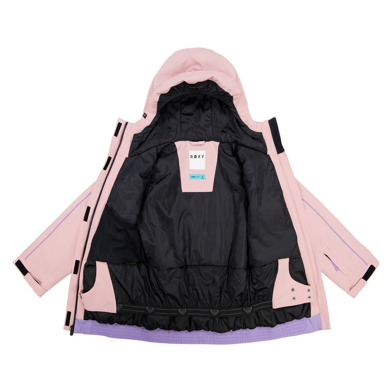 The Girls' Perfect Powder Jacket by Roxy is displayed open, showing its black quilted interior with lavender accents, ROXY label, WarmFlight insulation, and adjustable sides and cuffs. The jacket is light pink.