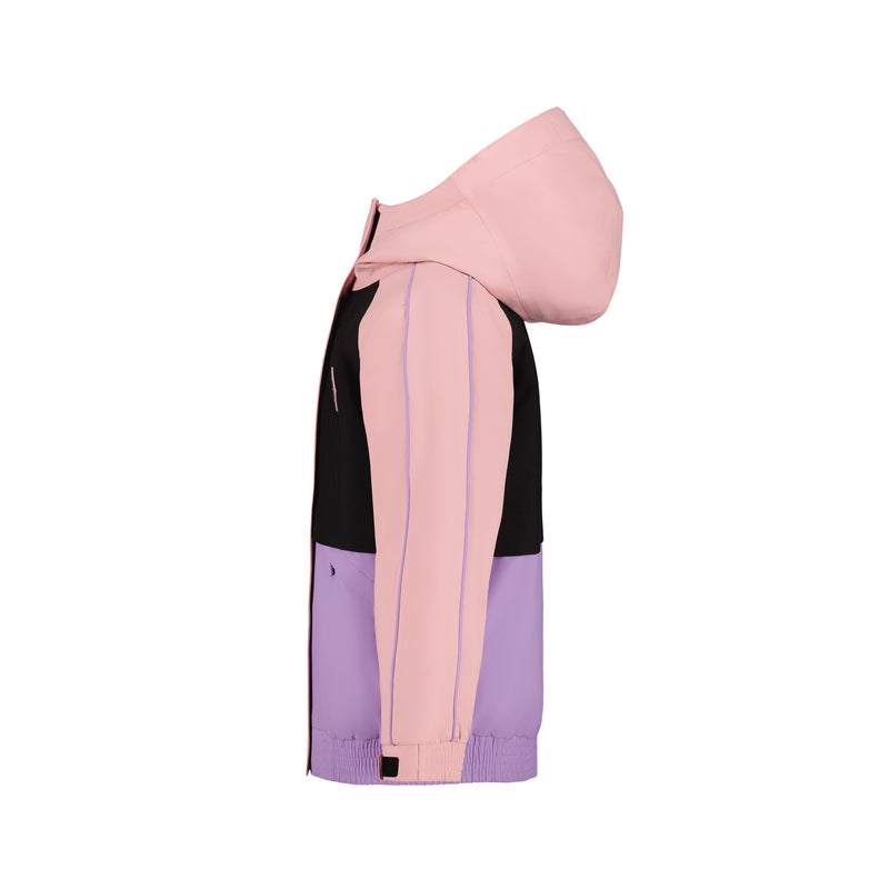 Side view of the Roxy Girls' Perfect Powder Jacket in a pink, black, and lavender color-block design. Features include a hood, front zipper, long sleeves, elastic cuffs and hem, and waterproof protection. Shown on a white background.