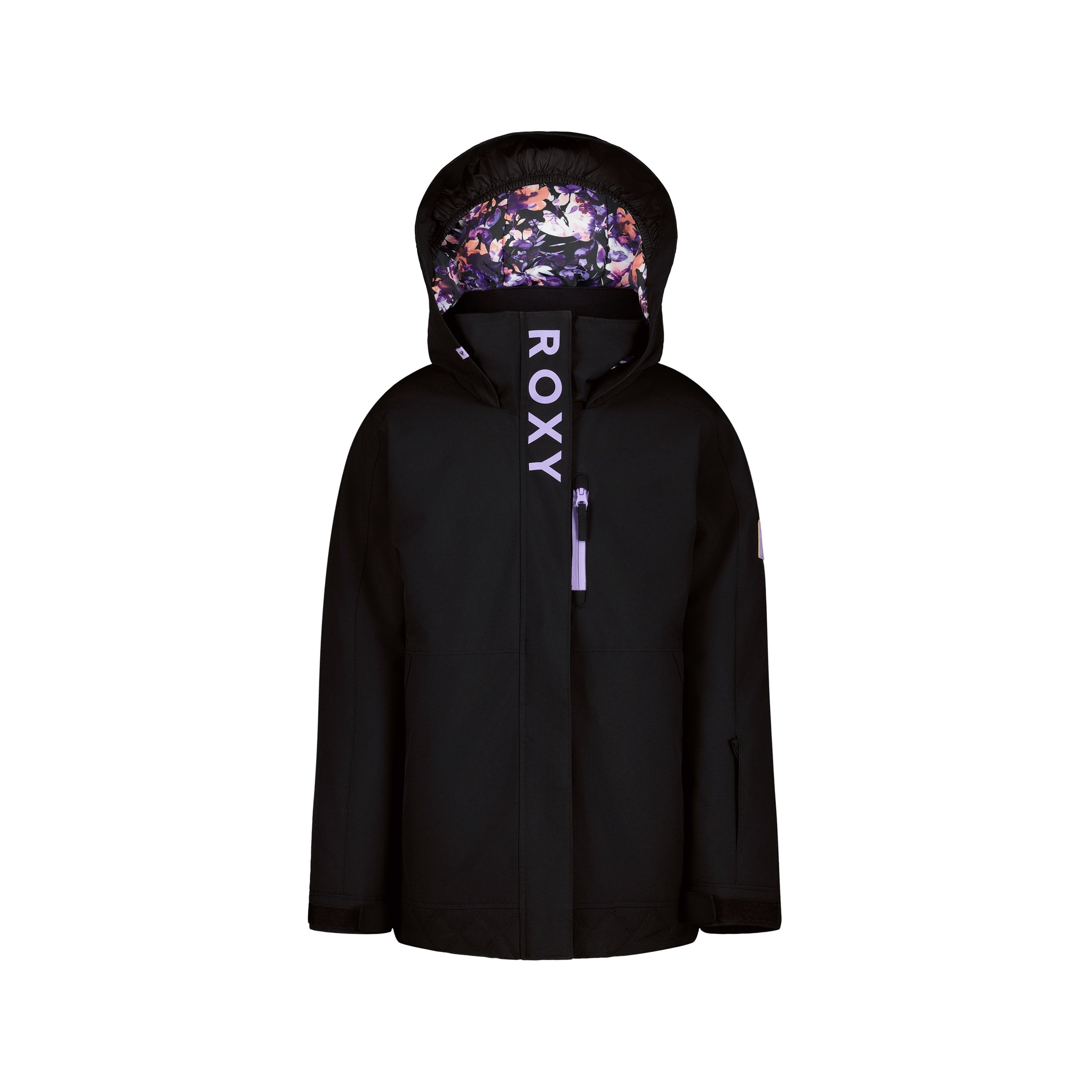 The Girls' Nollie Jacket by Roxy features a black hood with a vibrant floral lining, "ROXY" in purple lettering on the front, WarmFlight insulation for warmth, and a zippered chest pocket. Shown against a plain white background.