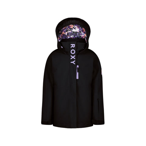 The Girls' Nollie Jacket by Roxy features a black hood with a vibrant floral lining, "ROXY" in purple lettering on the front, WarmFlight insulation for warmth, and a zippered chest pocket. Shown against a plain white background.