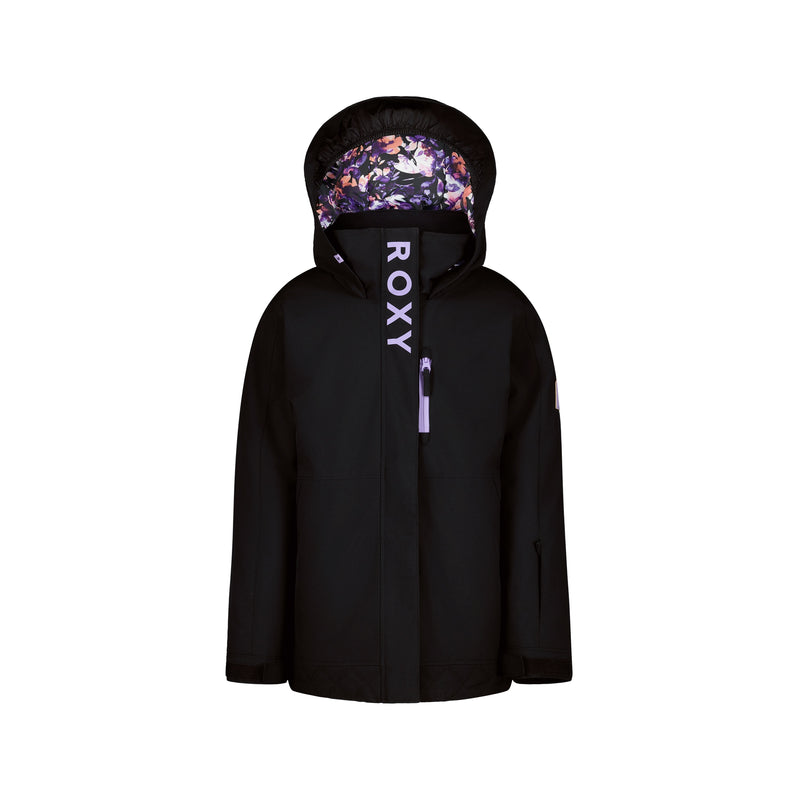 The Girls' Nollie Jacket by Roxy features a black hood with a vibrant floral lining, "ROXY" in purple lettering on the front, WarmFlight insulation for warmth, and a zippered chest pocket. Shown against a plain white background.