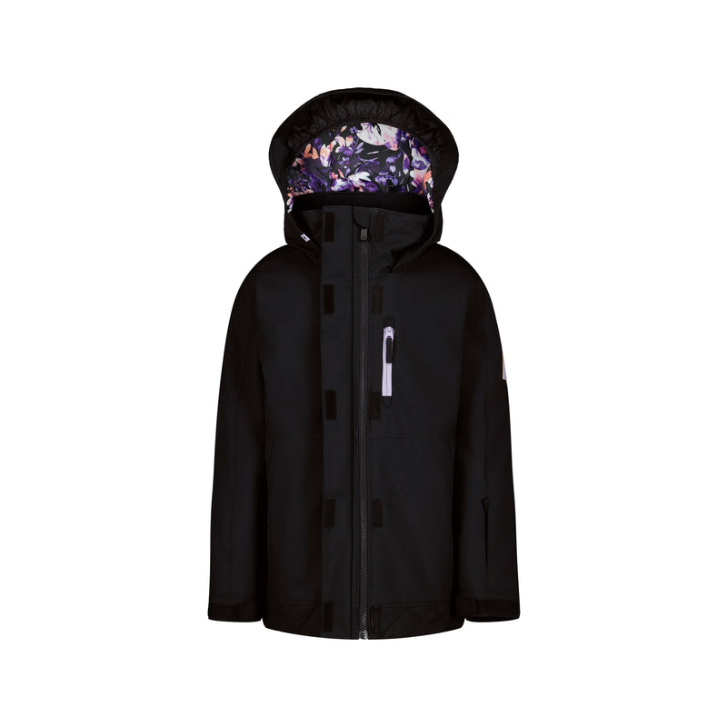 The Girls' Nollie Jacket by Roxy is a black hooded jacket with a front zipper, two side pockets, and a floral-patterned hood lining. Featuring WarmFlight insulation and waterproof protection, it's shown on a plain white background.