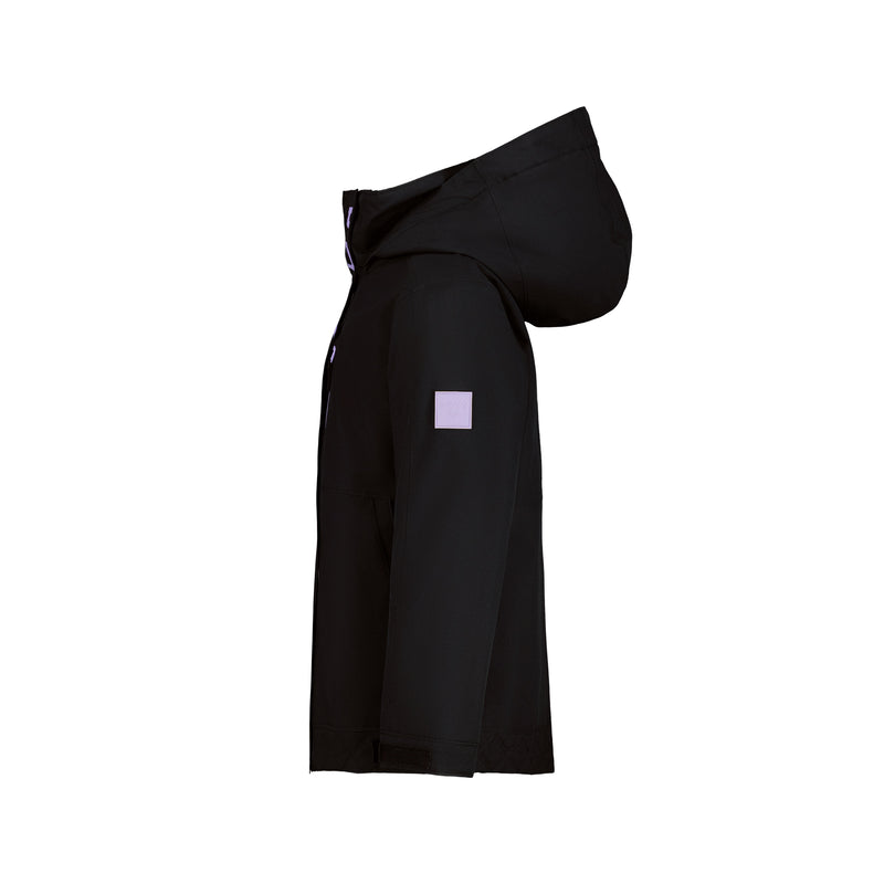 The Girls' Nollie Jacket by Roxy is shown from the side on a white background, featuring a black hooded design, front zipper, light purple square patch on the upper arm, and WarmFlight insulation for extra comfort.