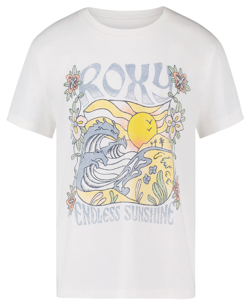The Girls' Endless Sunshine Tee by Roxy is an oversized boyfriend tee with a colorful ocean waves, flowers, and sunset graphic plus “ENDLESS SUNSHINE” text for laidback style.