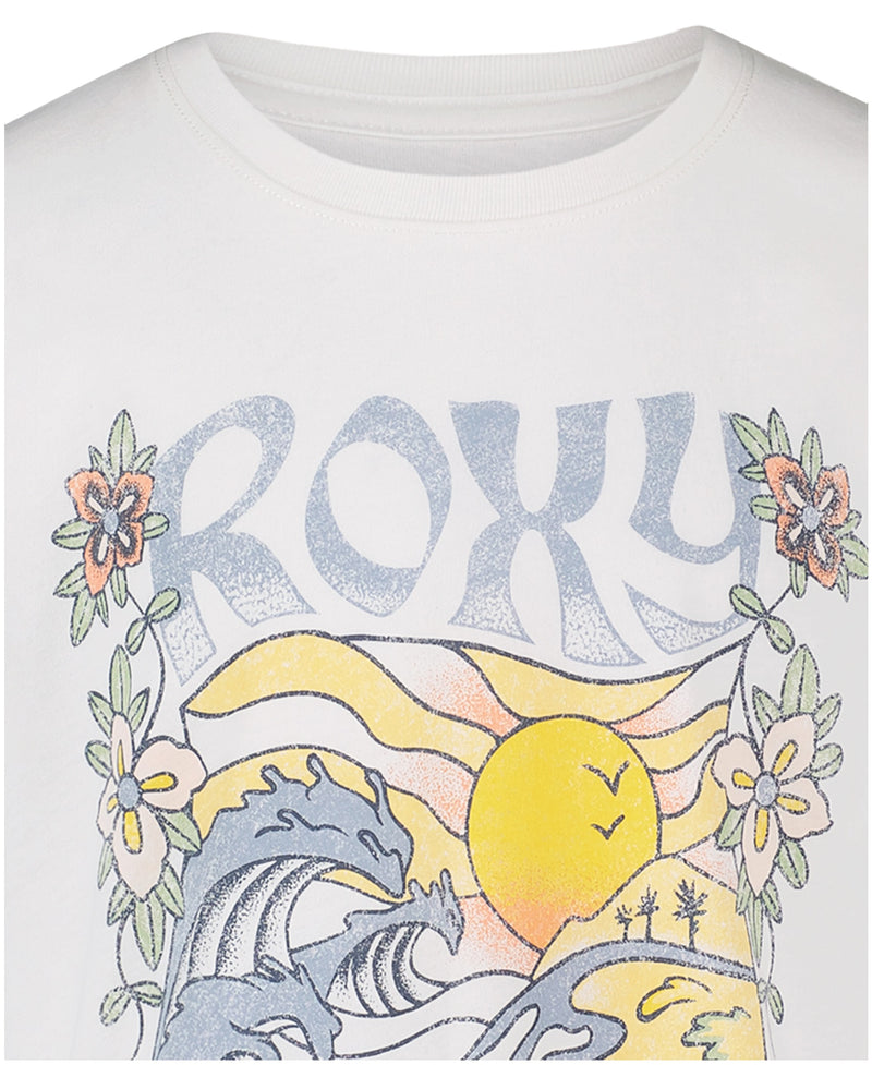 The Girls' Endless Sunshine Tee by Roxy is an oversized boyfriend tee featuring "ROXY" above a lively sun, waves, palm trees, and flowers graphic.