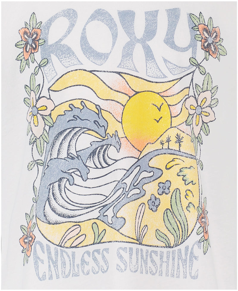 The Girls' Endless Sunshine Tee by Roxy features a vibrant sun, waves, birds, beach plants, and floral frame graphic with "ENDLESS SUNSHINE" at the bottom—an oversized tee perfect for sunny days.
