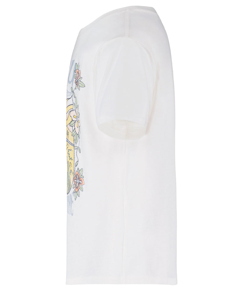 Side view of a white Girls' Endless Sunshine Tee by Roxy, featuring an oversized boyfriend fit and a partially visible colorful front graphic with flowers and text, displayed against a plain white background.