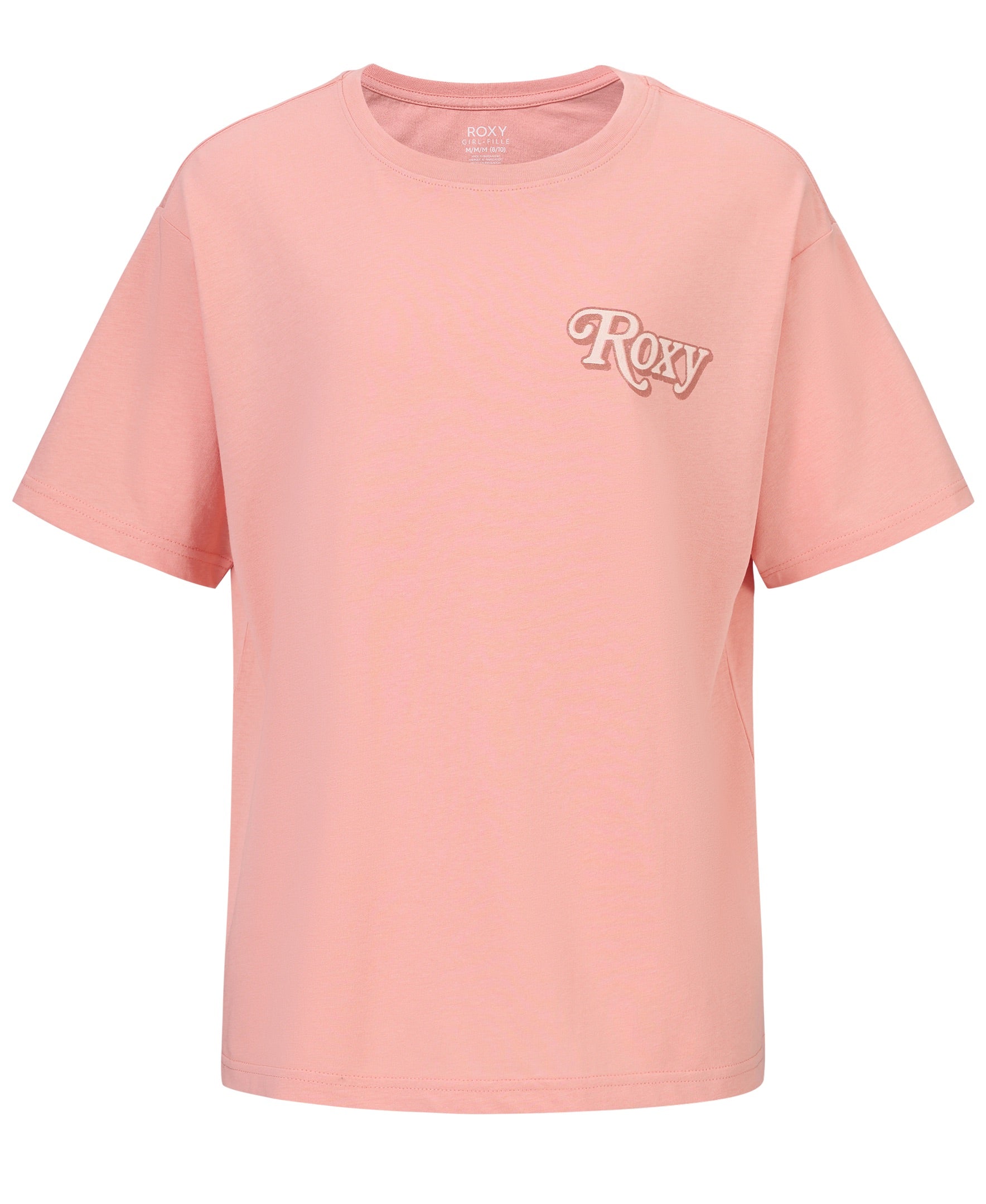 The Girls' Wavy Daze Oversized Tee by Roxy is a light pink short-sleeve crewneck featuring white, cursive "Roxy" lettering on the left chest and a relaxed fit—perfect for laid-back coastal style.