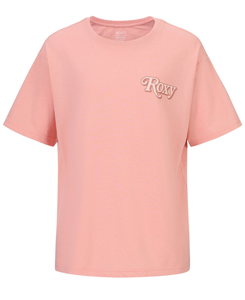The Girls' Wavy Daze Oversized Tee by Roxy is a light pink short-sleeve crewneck featuring white, cursive "Roxy" lettering on the left chest and a relaxed fit—perfect for laid-back coastal style.