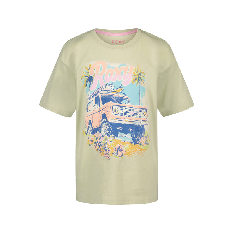 The Girls' Coastal Oversized Tee by Roxy is a light green, soft cotton jersey shirt featuring a pastel vintage truck with surfboard, palm trees, flowers, and a bold pink ROXY graphic across the chest.