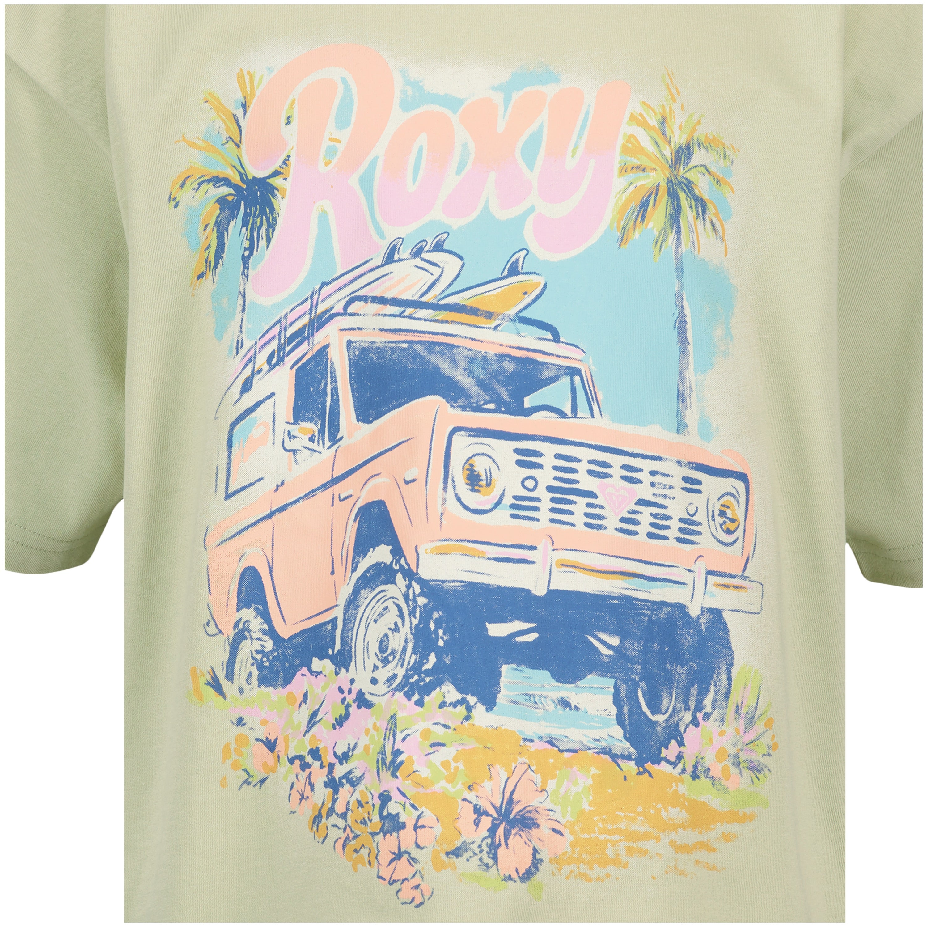The Girls' Coastal Oversized Tee by Roxy features a pastel ROXY graphic on light green cotton, with a pink vintage SUV, surfboards, palm trees, flowers, and "Roxy" in large script above the scene.