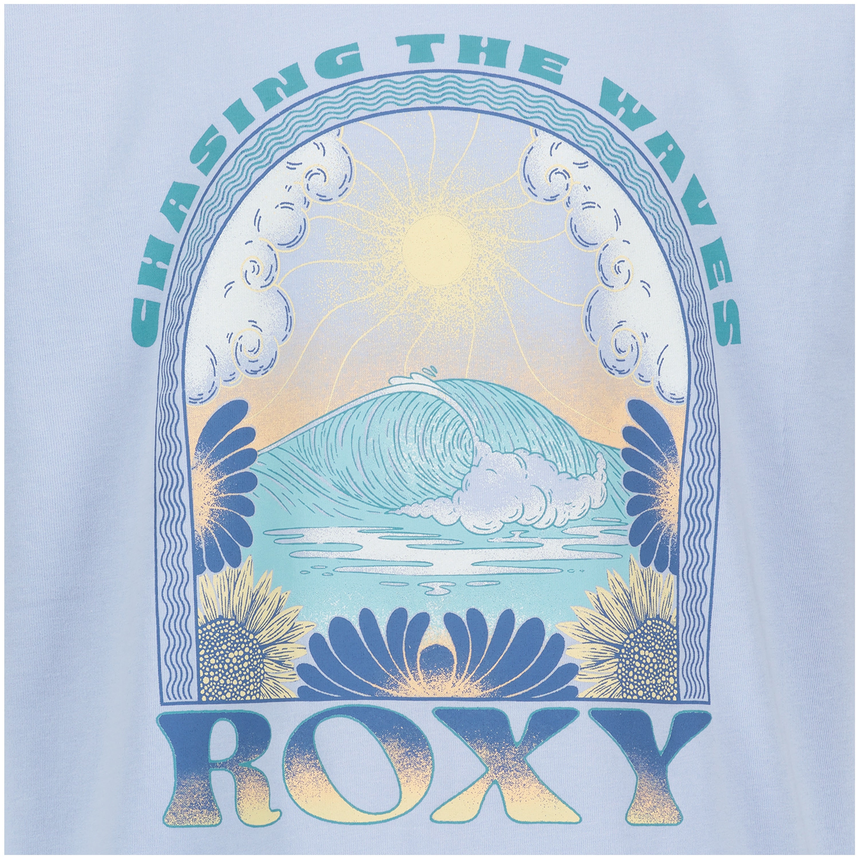 The Girls' Chasing Waves Oversized Tee by Roxy displays "CHASING THE WAVES" above a sun, curling wave, clouds, and sunflowers, with bold Roxy lettering at the bottom—all printed on soft cotton jersey.
