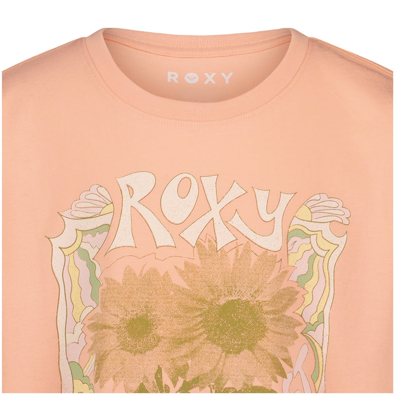 Close-up of the Girls' Sunshine Oversized Tee by Roxy, featuring large ROXY text above two sunflowers with wavy lines, all in soft cotton jersey.