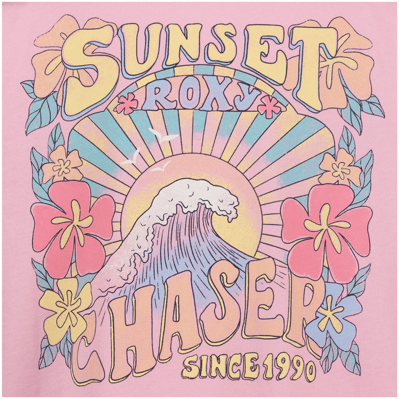 The Girls' Sun Chaser Oversized Tee by Roxy features a retro floral graphic with waves and a sunset, plus bold “ROXY,” “SUNSET CHASER,” and “SINCE 1990” text in vibrant yellow, orange, blue, and pink.