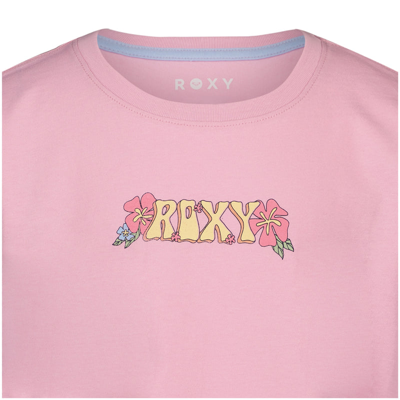 The Girls' Sun Chaser Oversized Tee by Roxy is a pink cotton jersey t-shirt with standout “ROXY” yellow lettering and pink and blue flowers on the chest, featuring an oversized boyfriend fit.