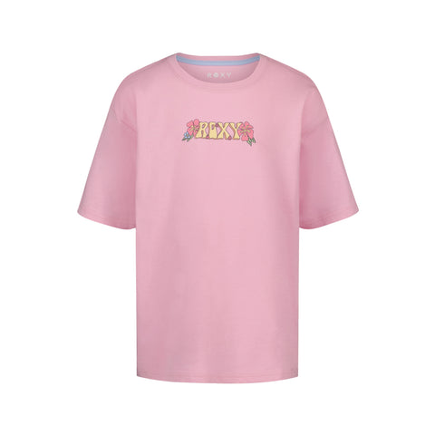 The Girls' Sun Chaser Oversized Tee by Roxy is a pastel lavender cotton jersey with yellow-outlined ROXY graphics, pink flowers, and green leaves across the chest.