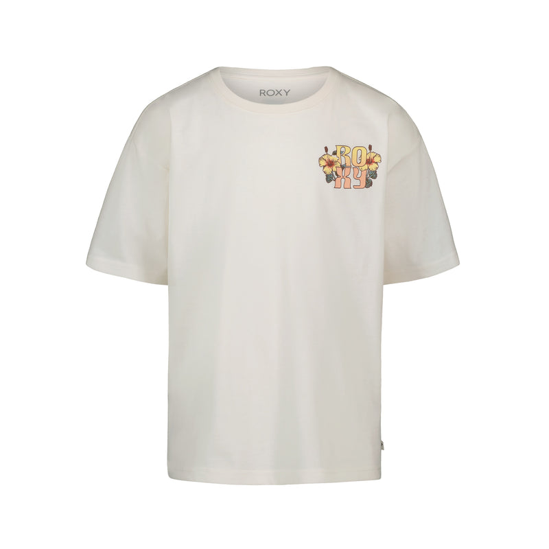 A plain white Girls’ Soulflower Oversized Tee by Roxy, made from soft cotton jersey and featuring ROXY graphics with small yellow flowers printed on the left chest.