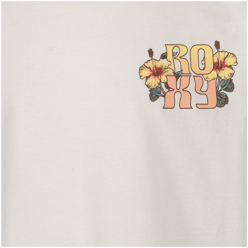 The Girls’ Soulflower Oversized Tee by Roxy is crafted from off-white cotton jersey and showcases a small yellow hibiscus flower graphic alongside vibrant ROXY branding on the upper left chest, all styled in an oversized boyfriend silhouette.