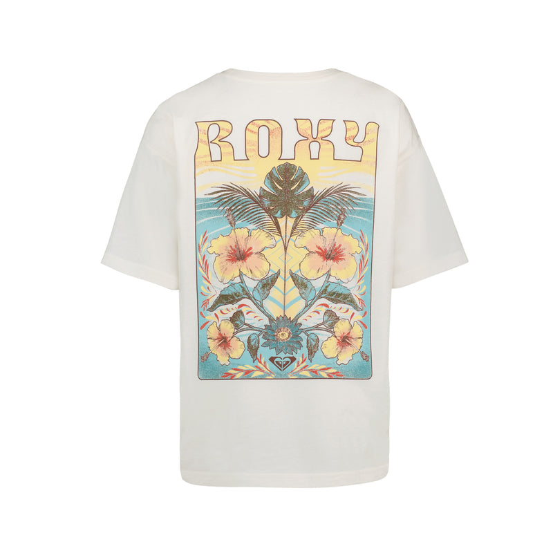 The Girls’ Soulflower Oversized Tee by Roxy is a white cotton jersey boyfriend-style shirt featuring bold ROXY text on the front and vibrant graphics on the back with palm leaves, hibiscus flowers, and a sun in yellow, blue, and pink tones.