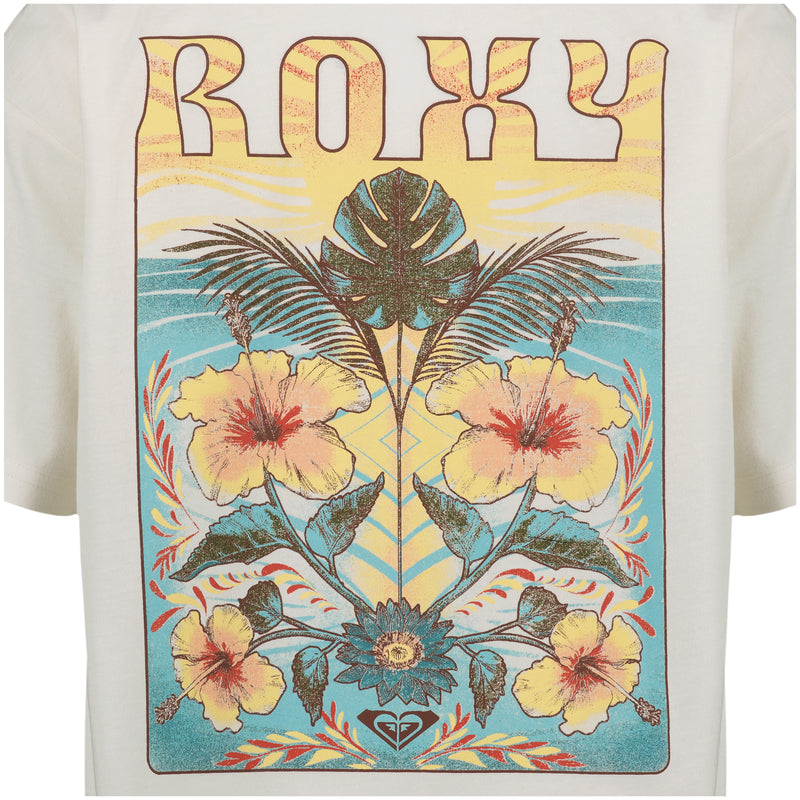 The Girls’ Soulflower Oversized Tee by Roxy features a colorful tropical design with hibiscus flowers, palm leaves, and a sunset. Bold ROXY lettering sits at the top, while vibrant Roxy graphics enhance the front of this soft cotton jersey oversized boyfriend tee.