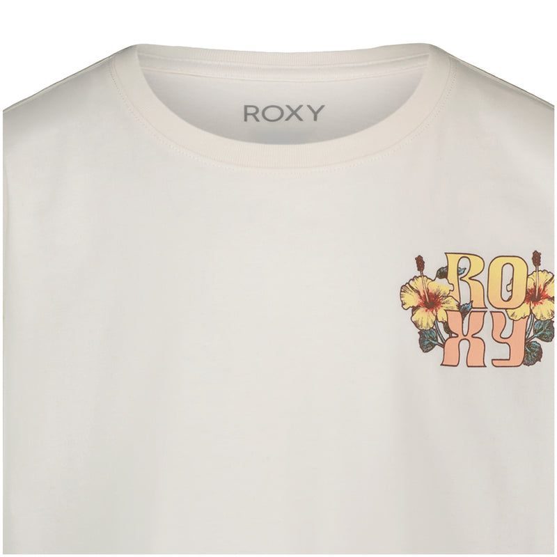 Introducing the Girls’ Soulflower Oversized Tee by Roxy—a white cotton jersey T-shirt featuring ROXY graphics and two yellow hibiscus flowers printed near the left shoulder, designed in an oversized boyfriend style.