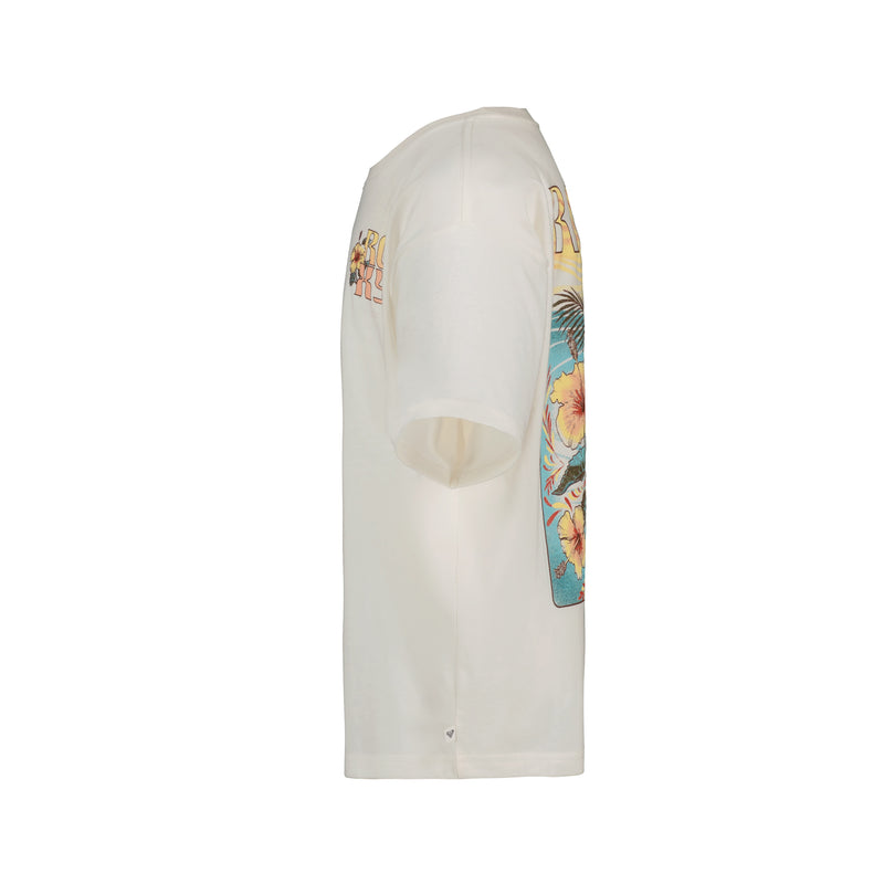 The Girls’ Soulflower Oversized Tee by Roxy is a white short-sleeve t-shirt shown from the side, featuring vibrant tropical graphics with flowers and a surfboard on the back. Crafted from soft cotton jersey in an oversized boyfriend fit, it stands out against a plain white background.