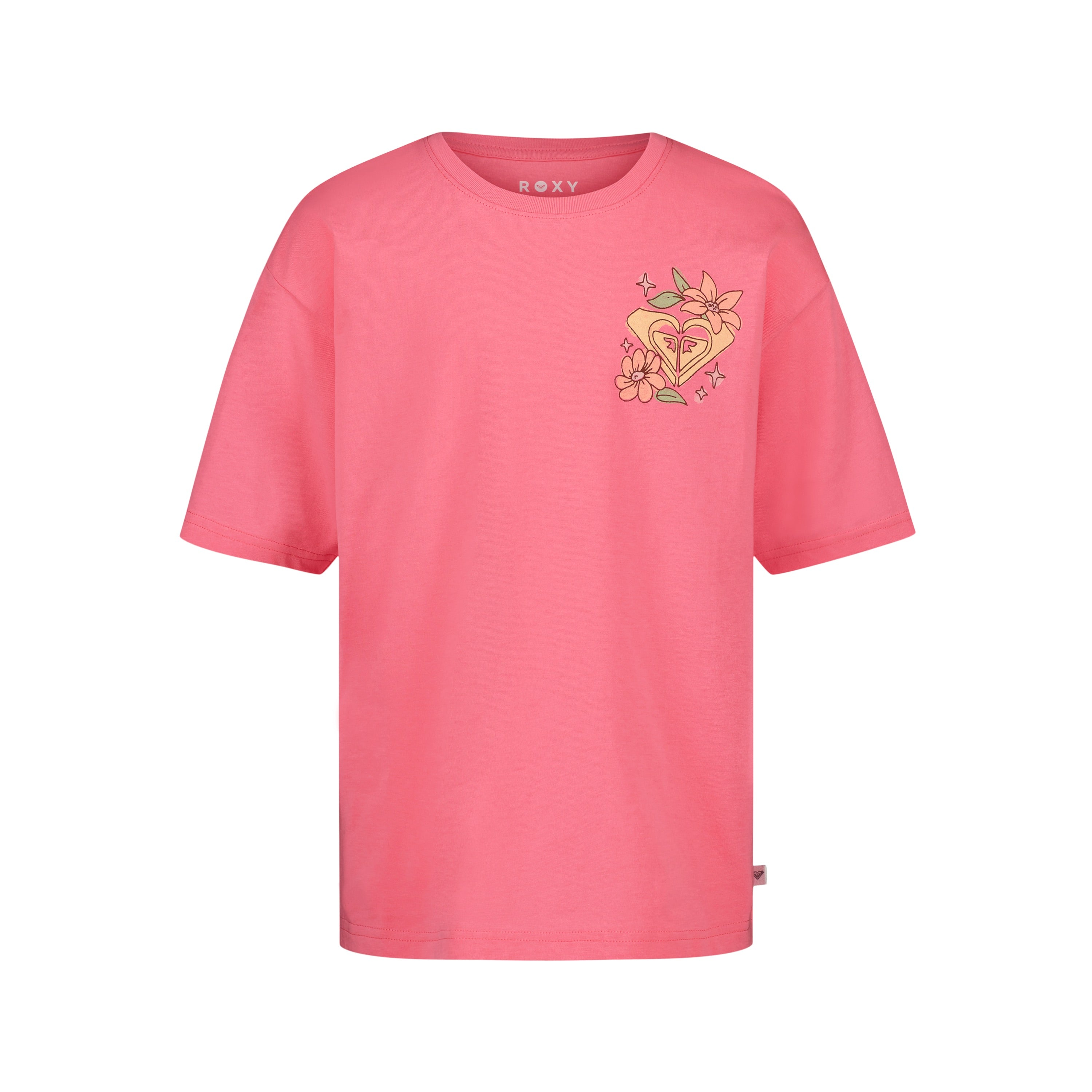 The Girls' Good Things Oversized Tee by Roxy is a pink cotton jersey with a small floral and heart ROXY graphic on the left chest and the brand name at the inner neckline.
