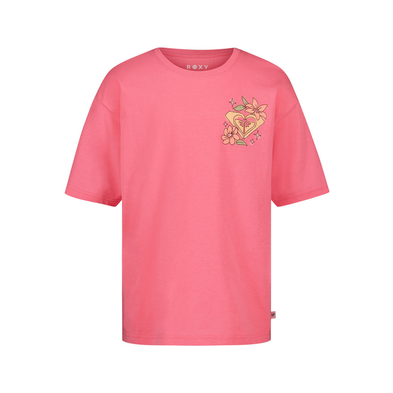The Girls' Good Things Oversized Tee by Roxy is a pink cotton jersey with a small floral and heart ROXY graphic on the left chest and the brand name at the inner neckline.