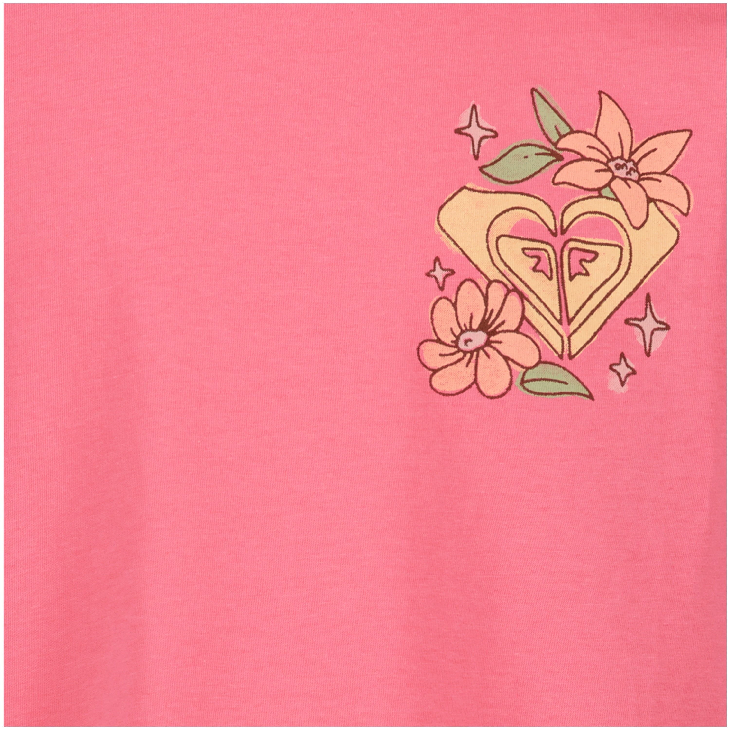 The Roxy Girls' Good Things Oversized Tee features pink cotton jersey with a yellow heart, pink flowers, green leaves, and sparkles in the upper right—a perfect pick for your next bold graphic look.
