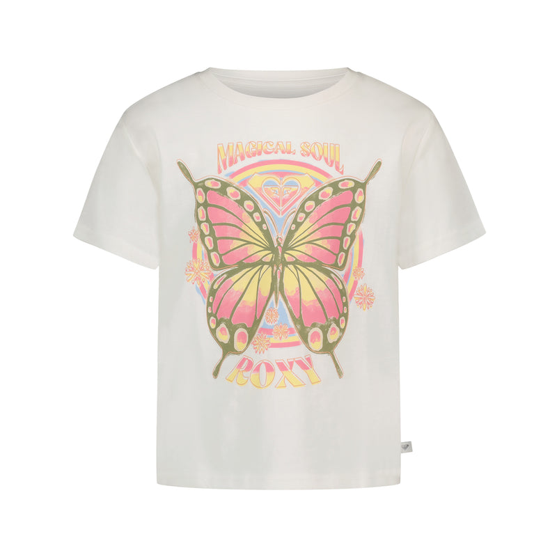 The Roxy Little Girls’ Butterfly Groove Tee features a large pink and yellow butterfly graphic on soft cotton jersey. “MAGICAL SOUL” is printed in pastel hues above the butterfly, with “ROXY” in bold yellow letters underneath. Colorful floral accents complete the bohemian design, capturing a whimsical vibe perfect for free spirits.