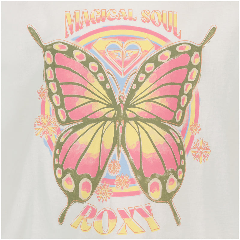 A pink and yellow butterfly with green accents is centered on a white background, surrounded by flowers and rainbow rings. The text reads “MAGICAL SOUL” above and “ROXY” below, giving this tee the perfect bohemian graphic vibe. The design captures the lively, artistic spirit of the Little Girls’ Butterfly Groove Tee from Roxy—made for free spirits who love vibrant style.