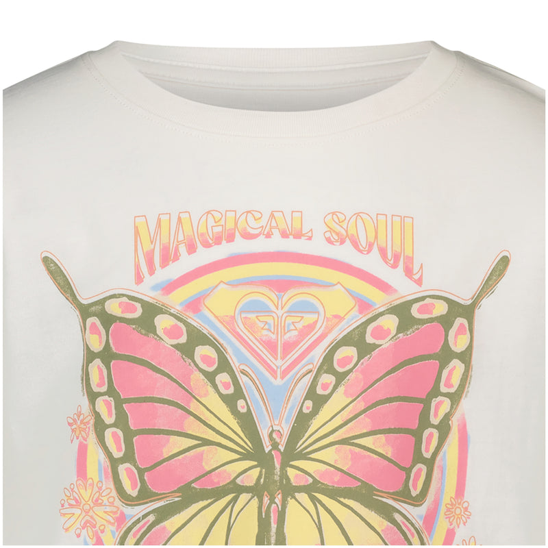 The Little Girls’ Butterfly Groove Tee by Roxy is a white cotton jersey top showcasing a vibrant, oversized butterfly graphic with “MAGICAL SOUL” in yellow and pink lettering above, plus a heart-shaped accent at the center—ideal for fans of bohemian-inspired graphic tees.