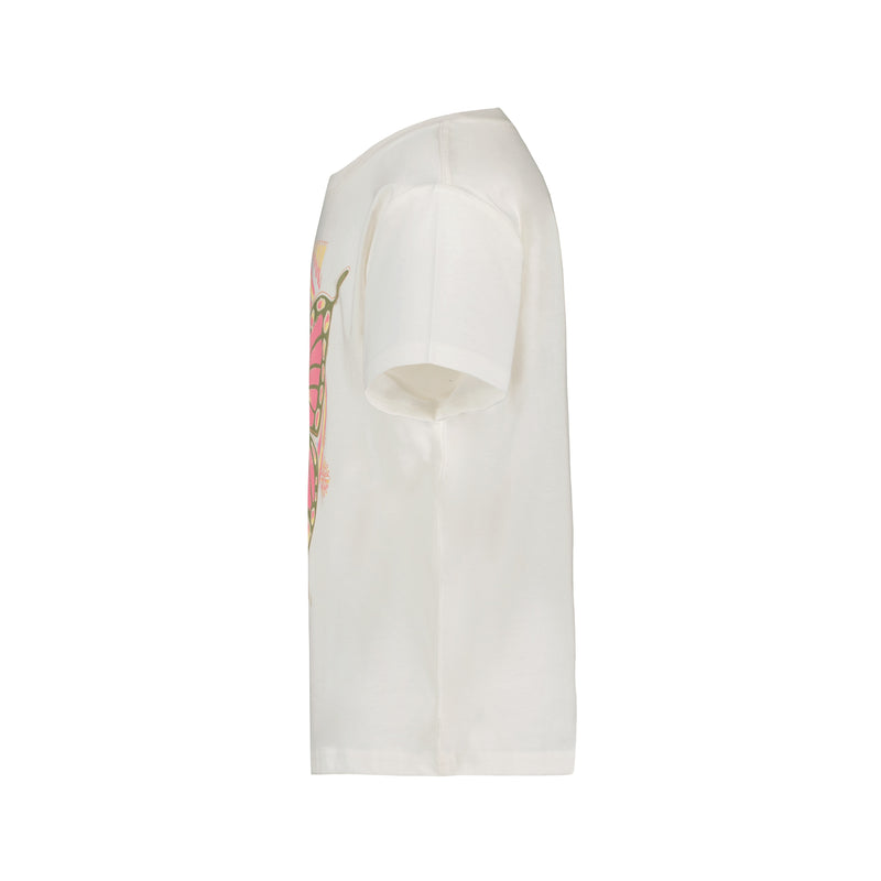 Side view of the Roxy Little Girls’ Butterfly Groove Tee—a plain white short-sleeve cotton jersey t-shirt featuring a partially visible, colorful butterfly graphic on the front, displayed against a white background for a fresh take on the classic bohemian style.