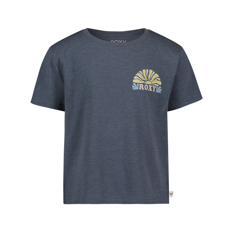 A blue short-sleeve graphic tee crafted from soft cotton jersey, featuring a small yellow sun and “ROXY” on the left chest area—perfectly styled in the classic Roxy Girls boyfriend crew tee fit. It’s the Little Girls’ Free Your Mind Tee by Roxy.