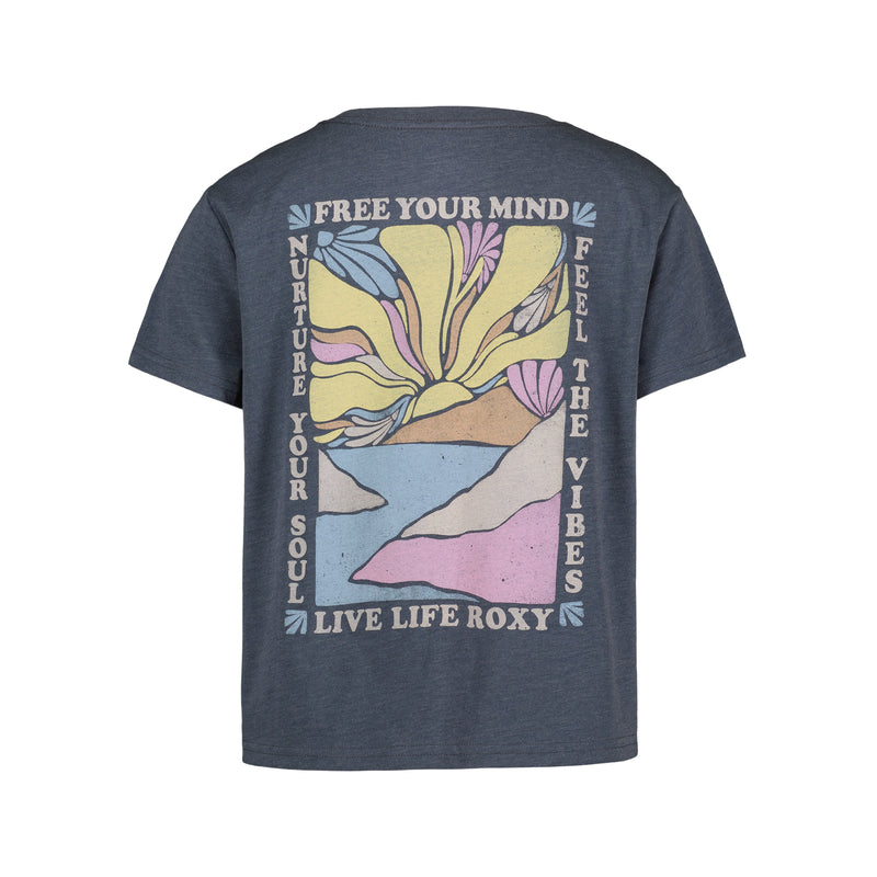 The Roxy Little Girls’ Free Your Mind Tee is a dark gray cotton jersey crewneck, featuring a vibrant sunset, mountains, and water graphic with the inspiring phrases: FREE YOUR MIND, NURTURE YOUR SOUL, FEEL THE VIBES, LIVE LIFE ROXY.
