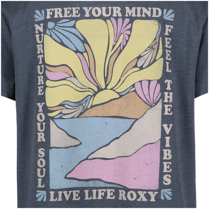 Introducing the Roxy Little Girls’ Free Your Mind Tee—a soft cotton jersey graphic tee designed in the signature Roxy Girls boyfriend crew fit for all-day comfort. Features a stylized sun, mountains, and water graphic surrounded by the phrases: FREE YOUR MIND, FEEL THE VIBES, NURTURE YOUR SOUL, and LIVE LIFE ROXY.