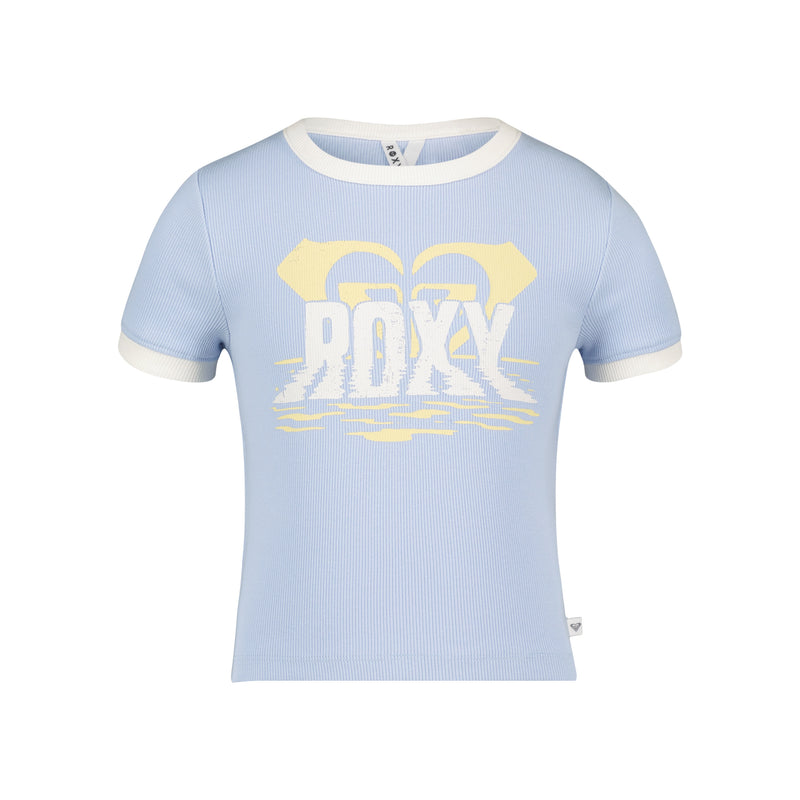 Light blue ribbed Roxy Girls’ Ripple Baby Tee with white trim on the crew neck and sleeves, featuring a yellow and white graphic print on the chest.