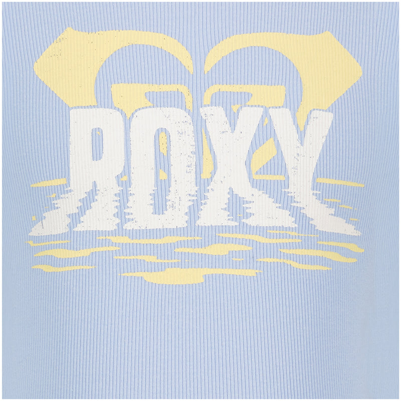 Light blue ribbed Roxy Girls’ Ripple Baby Tee featuring a distressed white and yellow heart-shaped logo graphic above the text ROXY and wavy lines.