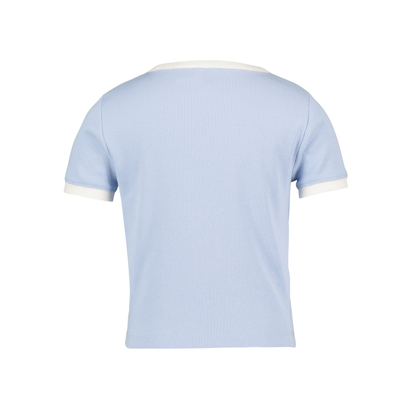 Back view of a light blue ribbed Roxy Girls’ Ripple Baby Tee featuring white trim on the crew neckline and sleeve cuffs.