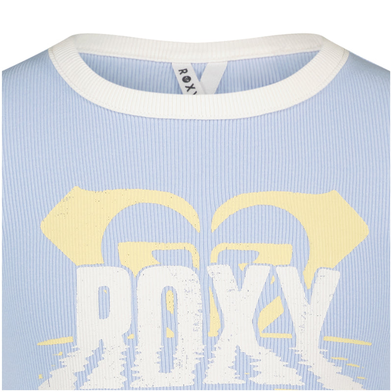 Light blue ribbed Roxy Girls’ Ripple Baby Tee with a white crew neckline and a large yellow and white graphic print on the front.