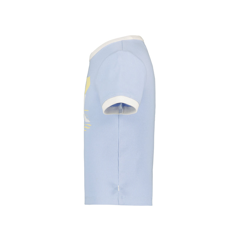 Side view of a light blue ribbed Roxy Girls’ Ripple Baby Tee with white trim at the neck and sleeves, featuring a yellow graphic on the front.