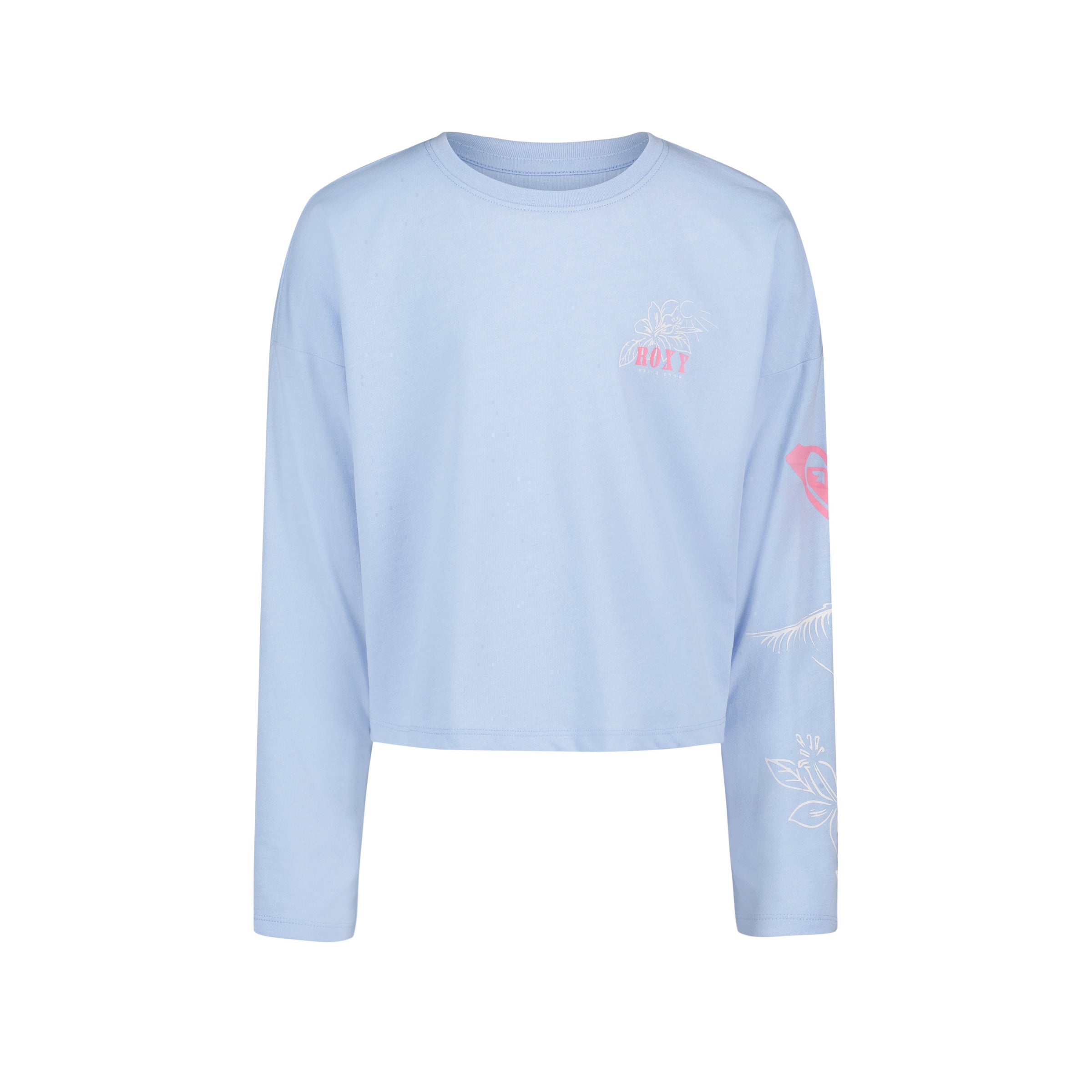 The Girls' Coastal Journey Long Sleeve Tee by Roxy features a light blue relaxed fit with a small pink and white chest graphic and a large rose on the sleeve, delivering casual coastal style. Shown on a plain white background.