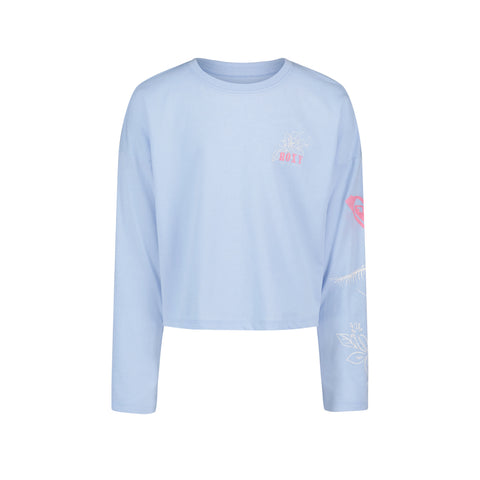 The Girls' Coastal Journey Long Sleeve Tee by Roxy features a light blue relaxed fit with a small pink and white chest graphic and a large rose on the sleeve, delivering casual coastal style. Shown on a plain white background.