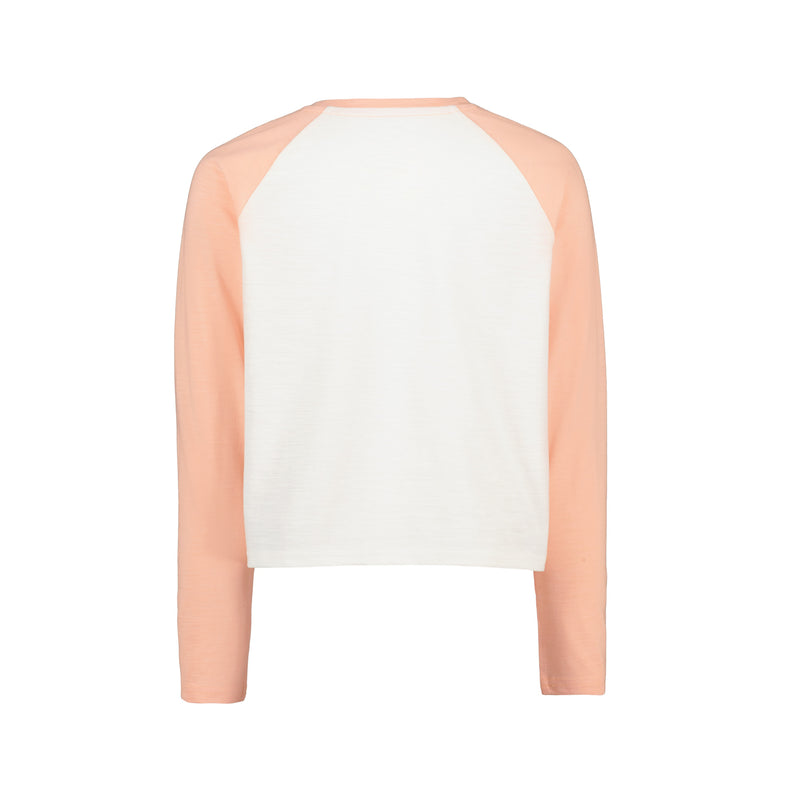 The Girls’ Sunshine Mindset Long Sleeve Tee by Roxy is displayed from the back against a plain white background, showcasing a relaxed fit with white fabric on the back and light peach raglan sleeves.