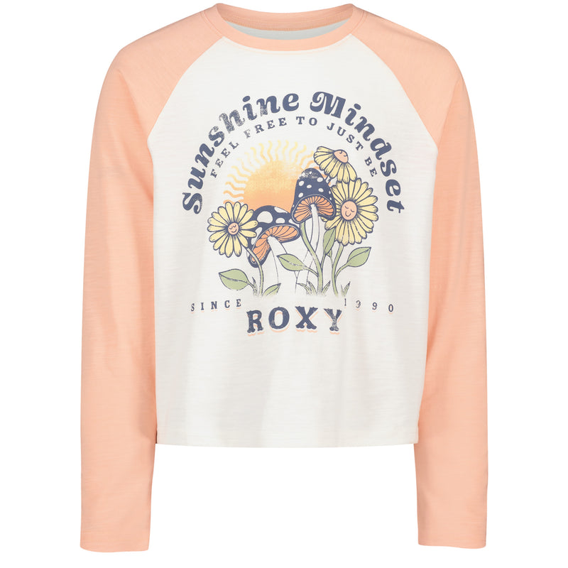 The Girls’ Sunshine Mindset Long Sleeve Tee by Roxy features a white and peach raglan design, a relaxed fit for all-day comfort, and is adorned with “Sunshine Mindset” text plus sun, daisies, and mushrooms graphics with ROXY printed below.