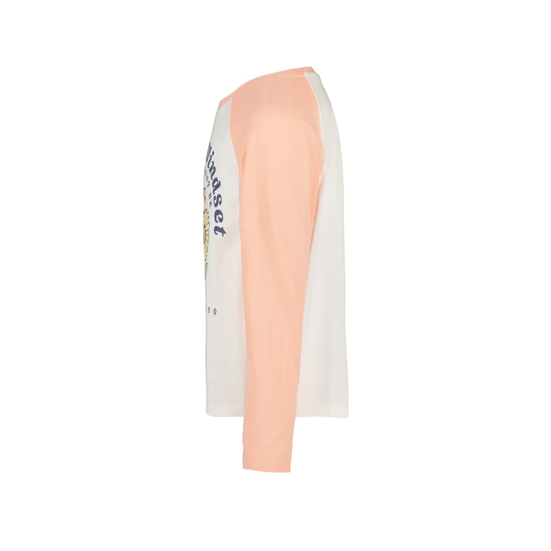 The Roxy Girls’ Sunshine Mindset Long Sleeve Tee is shown from the side, featuring a white body with light peach raglan sleeves; a portion of the ROXY text and graphic is visible on the front, and it’s designed in a relaxed fit for comfort.