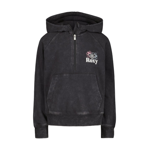 The Girls' Heartbeat Half-Zip Hoodie by Roxy is a black long-sleeve hoodie made from soft cotton-poly fleece, featuring a kangaroo pocket and a small floral and Roxy logo on the upper left chest.