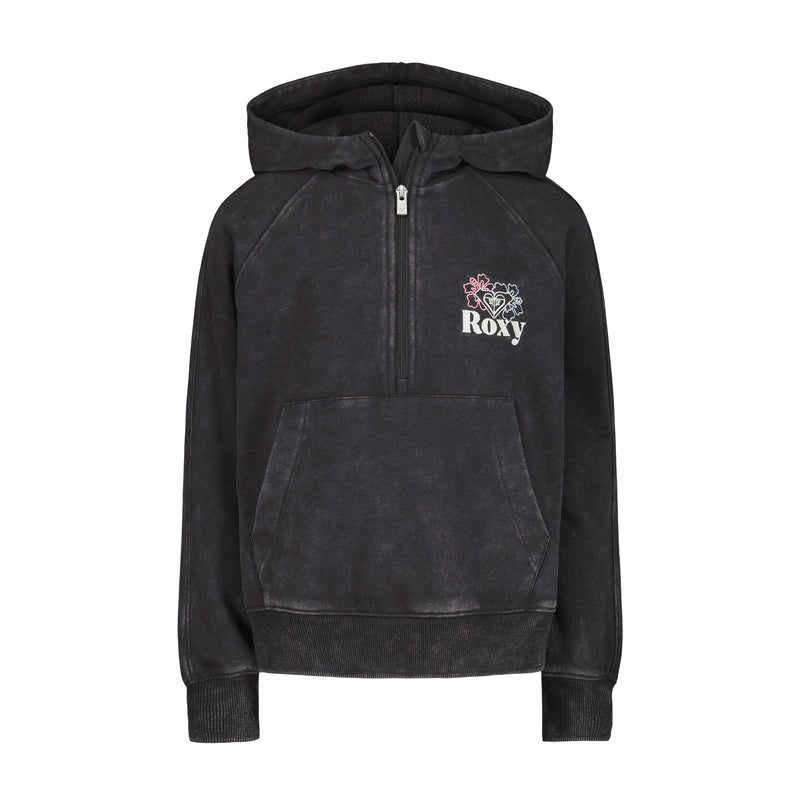 The Girls' Heartbeat Half-Zip Hoodie by Roxy is a black long-sleeve hoodie made from soft cotton-poly fleece, featuring a kangaroo pocket and a small floral and Roxy logo on the upper left chest.